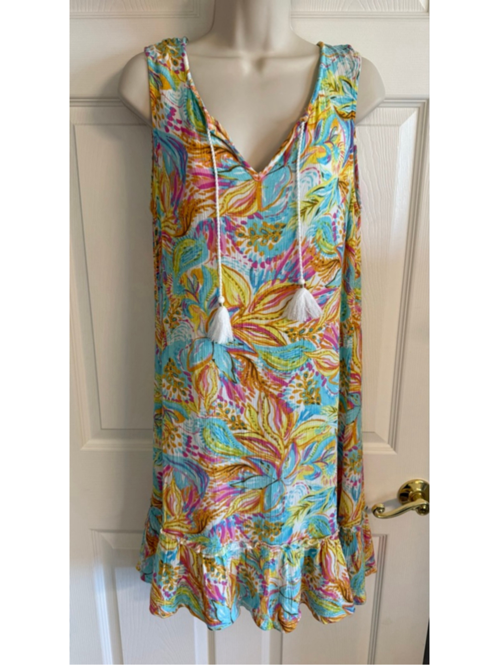 Stella Parker bright floral sleeveless dress tassel ties SZ L